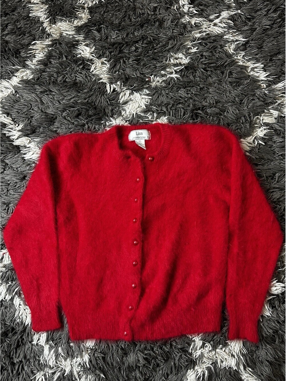 Vintage 90s Lisa International Angora Rabbit Hair Cardigan Sweater Womens PL